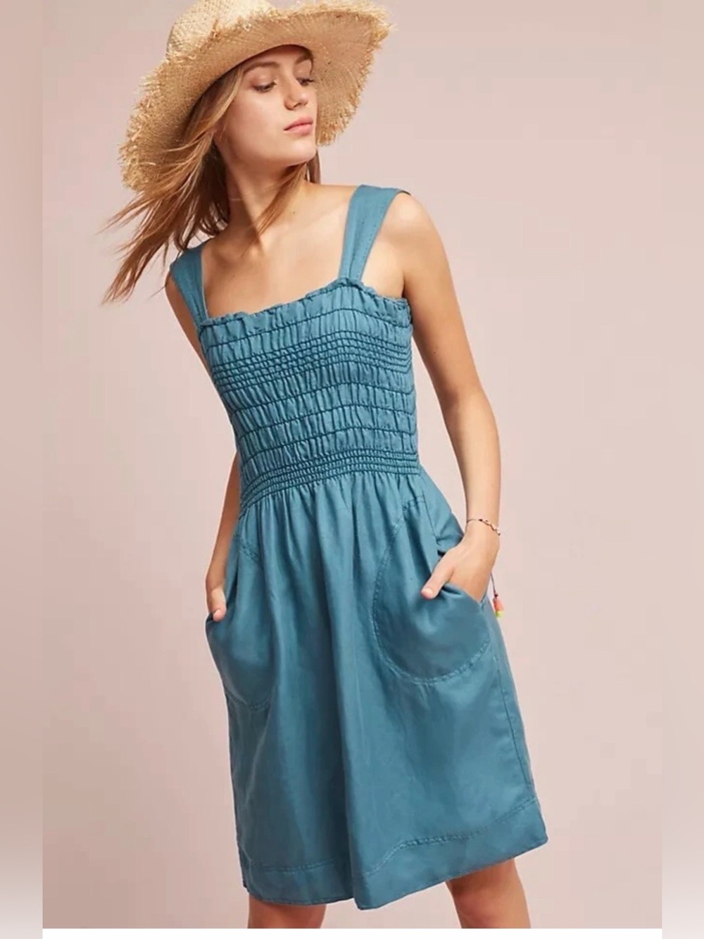 maeve Smocked teal Blue Linen Blend Dress pocket Sz S Boho Luxury